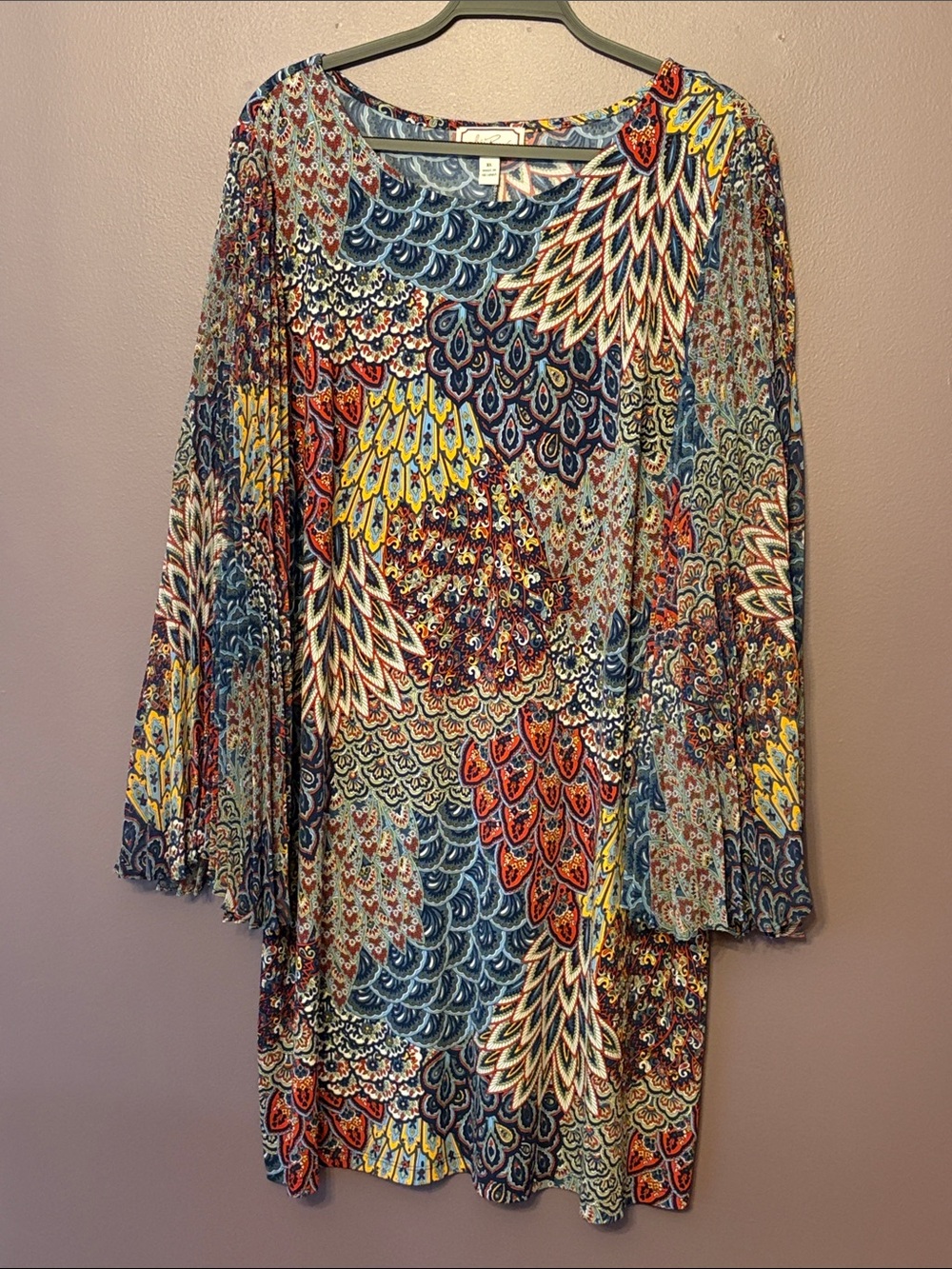 Ivy Road Stunning Multicolor Peacock Paisley Print Swing Dress with Bell Sleeves